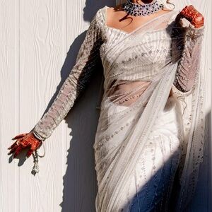 Elegant Designer White Beaded Saree
